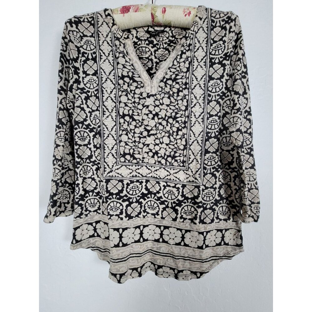 Lucky Brand Womens Black & Beige Floral Boho Tunic Top Small Cotton Blend Casual